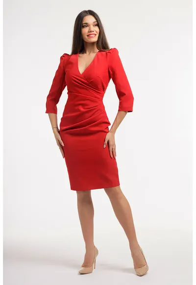 Rochie midi cambrata cu deoclteu in V - Rosu vermillion