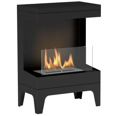 HOMCOM Șemineu pe Bioetanol cu Arzător 0,9L pentru Durată 3,3 Ore, Bioșemineu din Oțel și Sticlă, 38x22x54 cm, Negru | Aosom Romania