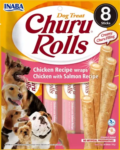 Churu Inaba Rolls Recompense pentru Caini cu Pui si Somon, 12 g x 8 buc