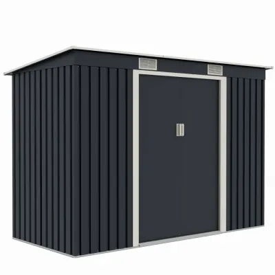 Casuta / magazie de gradina premium metalica, MESTERINO S2001-B, Gri/Bej, dimensiuni 261x121x176 cm, cu usi culisante si baza metalica