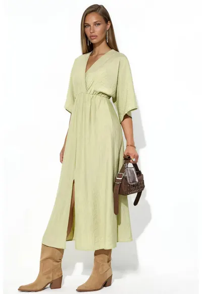 Rochie midi - verde masliniu - decolteu in V - maneci trei sferturi - 100% poliester