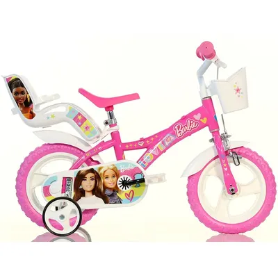 Bicicleta copii Dino Bikes Barbie 12 inch, varsta 3-5 ani si o inaltime cuprinsa intre 87-110 cm, roti spuma EVA, frana de mana pe roata din fata, roti ajutatoare detasabile, scaun pentru papusa in spate, cosulet fata