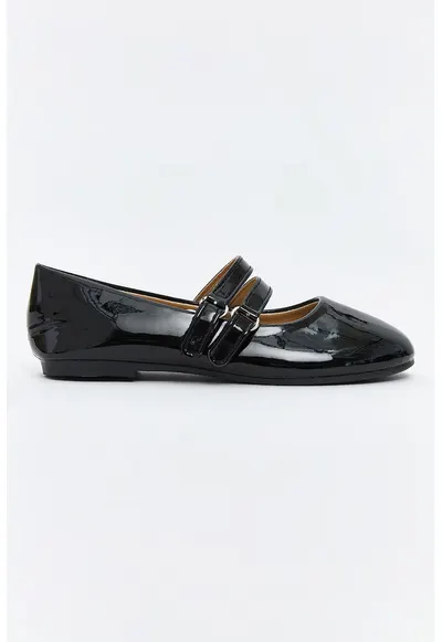 Balerini Mary Jane cu aspect lacuit - Negru