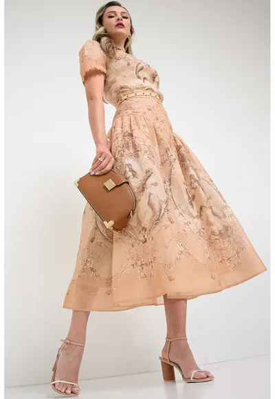 Fusta midi cu margele Rebellion - Caramel