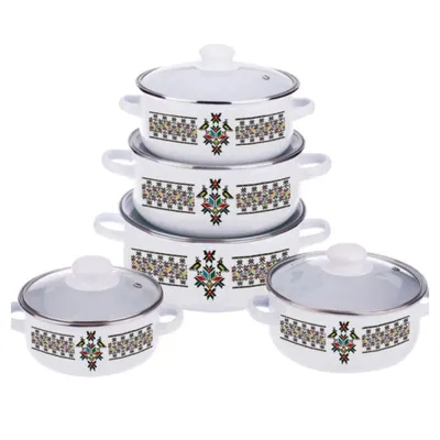 Oale Emailate cu Capace din Sticla, 16 cm/18 cm/20 cm/22 cm/24 cm, 5 Bucati