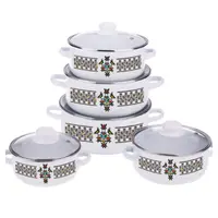 Oale Emailate cu Capace din Sticla, 16 cm/18 cm/20 cm/22 cm/24 cm, 5 Bucati