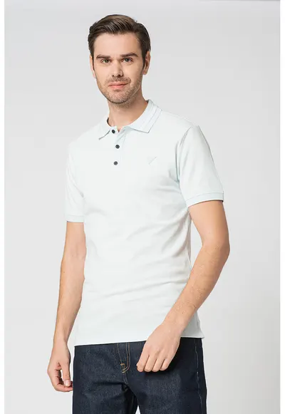 Tricou polo slim fit din pique cu logo triunghiular - Albastru pal