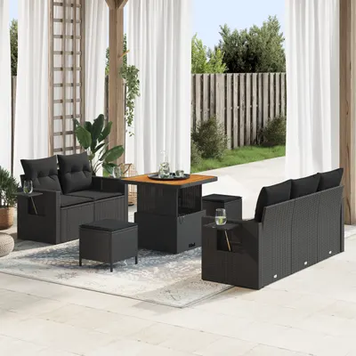Set canapea gradina Gossi cu pernite negru polyratan acacia, set dining pentru gradina Gossi cu pernite negru polyratan acacia