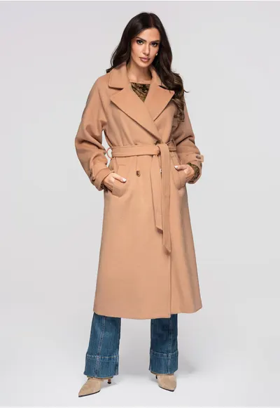 Palton lung din amestec de lana OW-COLC-0111 - Maro camel