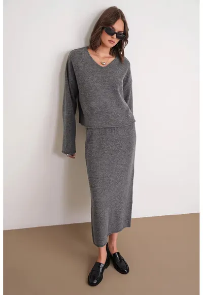 Set Pulover Fusta Gri inchis - Tricot - Gri inchis