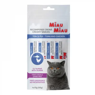 Recompense pentru pisici Miau Miau Creamy Snacks cu ton pui 4 buc x 15 gr