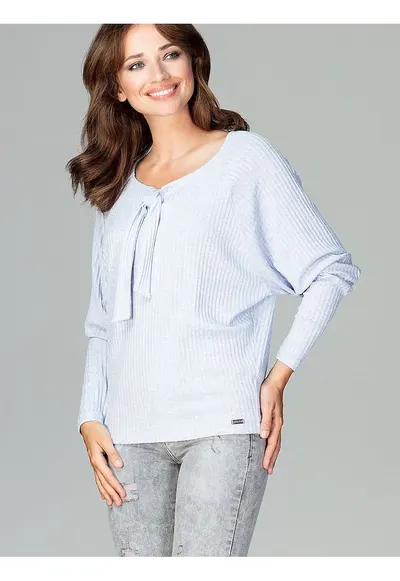 Bluza dama albastra - tricotata - maneci lungi - decolteu cu papion - viscoza