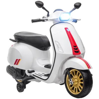 AIYAPLAY Motocicletă electrică pentru copii Vespa 6V dim. 107L x 47l x 73H cm Muzică MP3 Port USB Far 2 roți de antrenare - Alb | Aosom Romania