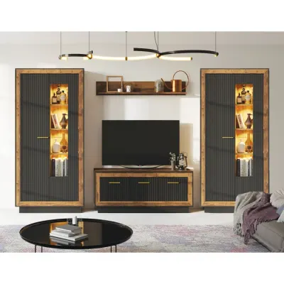 Set Living FOX, 4 corpuri, cu lumini LED, 2 x vitrina FOX2, comoda FOX4, etajera FOX6, corp eger, fronturi MDF eger + negru, 325x39x201 cm