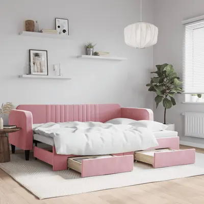 Gossi pat de zi cu extensie si sertare, roz, 80x200 cm, catifea