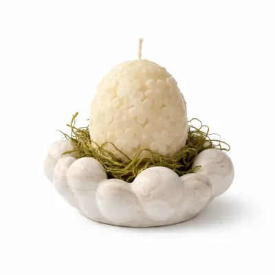 Aranjament de Paște cu lumânare ou din ceară de soia în bol Jesmonite decorativ cu decor natural - Marmorat verde / Trandafir & Vanilie