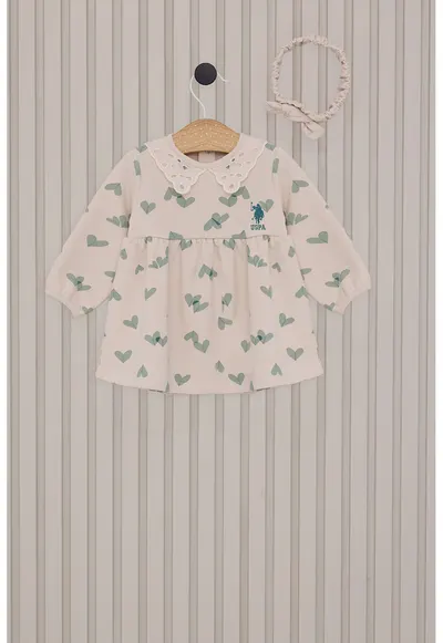 Rochie din amestec de bumbac si imprimeu cu inimi - Verde pal/Crem
