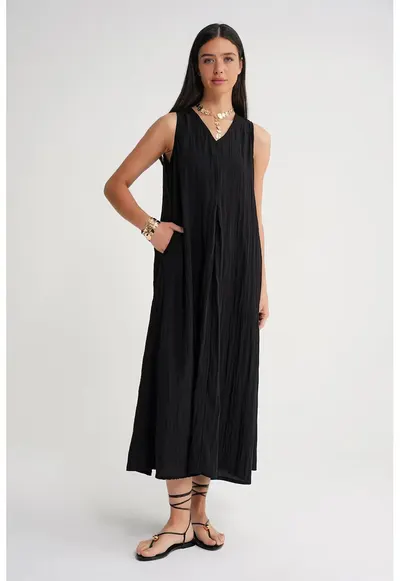 Rochie Maxi Midi - decolteu in V - negru - textil
