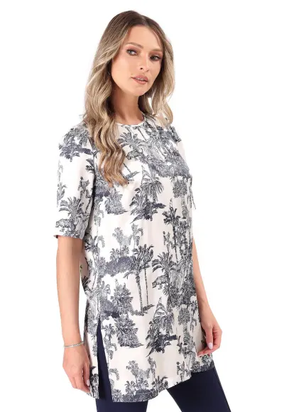 Bluza lunga din satin de viscoza imprimata BHL-NCB - Bleumarin