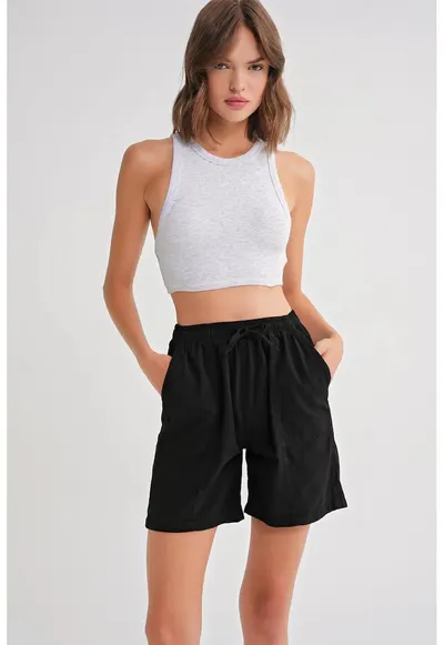 Pantaloni scurti dama - mini - talie inalta - negru - bumbac