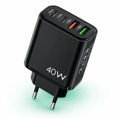 Incarcator Retea Timebox, 4 Porturi, 40W, 2 x Type-C, 2 x USB, Negru - Default Title