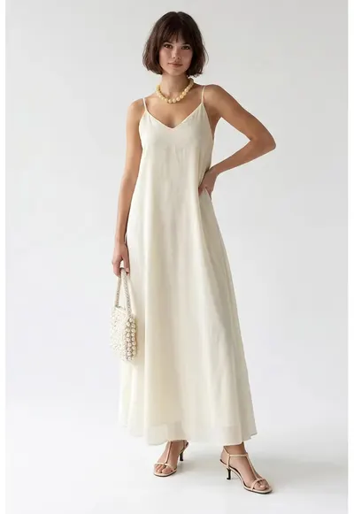 Rochie Maxi - A-line - decolteu in V - crem - lyocell si poliester