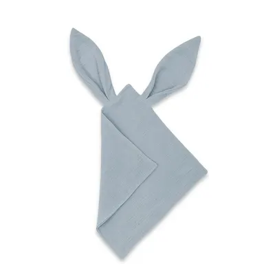 Jucarie textila senzoriala, Qmini, Cu urechi fosnitoare, 30 x 30 cm, Din muselina dubla, Jeans