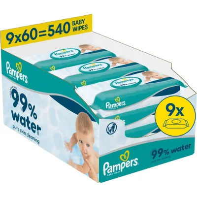 Pampers 99% Water Baby Wipes Servetele umede pentru copii 9x60 buc
