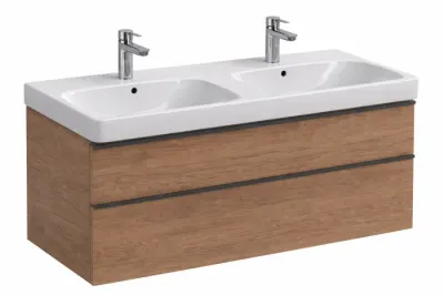 Set dulap baie suspendat 120 cm, nuc, 2 seratre si lavoar dublu, alb, Geberit Smyle Square