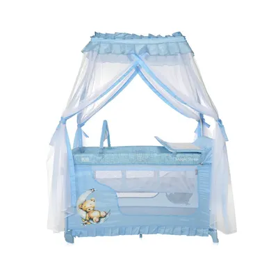 Patut pliabil stil baldachin Magic Sleep Blue Moon Sleeping Bear cu 2 nivele, usa laterala cu fermoar, roti, accesorii incluse
