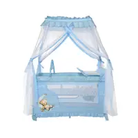 Patut pliabil stil baldachin Magic Sleep Blue Moon Sleeping Bear cu 2 nivele, usa laterala cu fermoar, roti, accesorii incluse