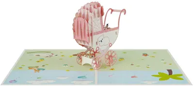 Felicitare Kiriori Pop-up - Bebeluș în cărucior, roz