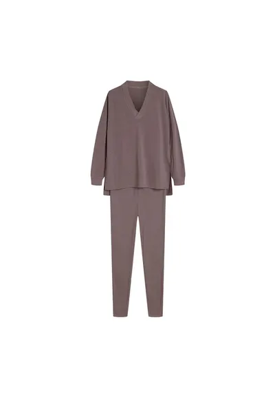 Set pijamale gri - poliester - maneca lunga - decolteu amplu in V
