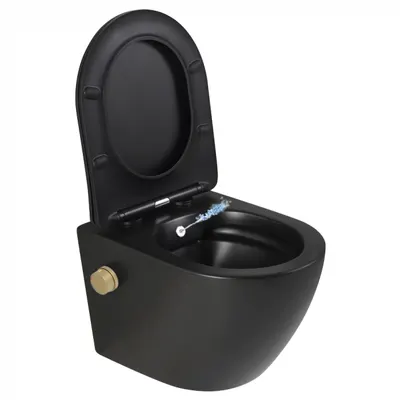 Vas wc suspendat cu functie bideu, negru mat, apa calda rece, rimless, baterie inclusa auriu mat Foglia Oslo