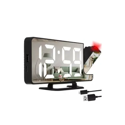 Ceas LED desteptator, alarma, oglinda, proiector, cablu microUSB inclus, ABS, 18,5x7,5x4cm, negru