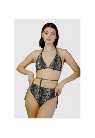 Costum de baie in doua piese cu cupe triunghiulare si slip cu talie inalta - Multicolor