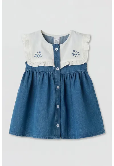 Rochie evazata de bumbac - Alb/Albastru paun