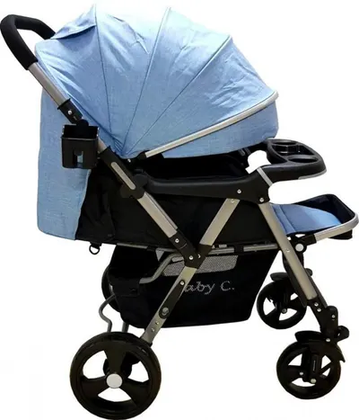 Carucior pentru copii Baby Care PRO 511 Albastru, Cadru aluminiu, Maner reversibil, Spatar reglabil 5 trepte, Amortizoare, Frana picior
