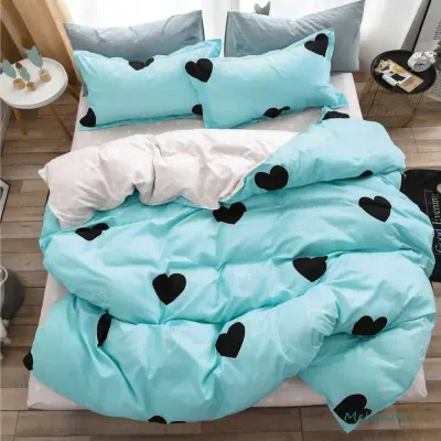 Lenjerie pat dublu, bumbac satinat, 4 piese, Albastru, inimioare