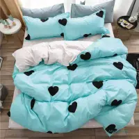 Lenjerie pat dublu, bumbac satinat, 4 piese, Albastru, inimioare