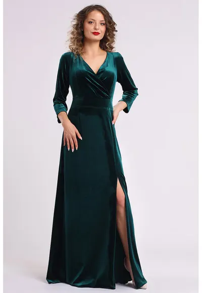 Rochie lunga din catifea cu slit lateral - Verde inchis