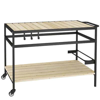 Outsunny Cărucior cu Roți din Lemn cu 2 Rafturi, 3 Cârlige, Blat cu Lamele și Mâner 107x65x80 cm Natural | Aosom Romania