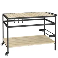 Outsunny Cărucior cu Roți din Lemn cu 2 Rafturi, 3 Cârlige, Blat cu Lamele și Mâner 107x65x80 cm Natural | Aosom Romania