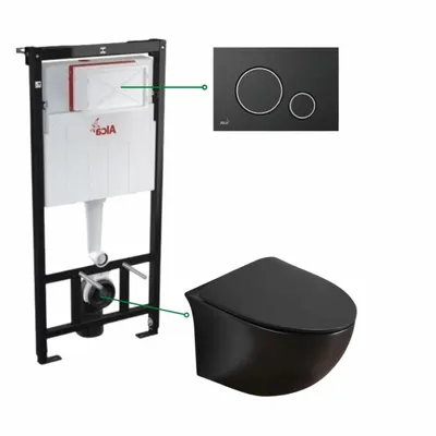 Set vas wc suspendat, rimless negru mat, Foglia Alice si rezervor incastrat cu clapeta de actionare neagra cu detalii argintii Alcadrain