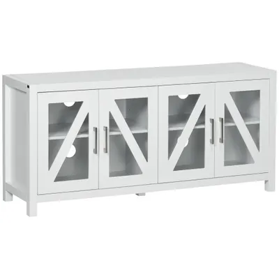 HOMCOM Comodă TV pentru living masă pentru televizoare de până la 147,3 cm cu 4 uși din sticlă, rafturi reglabile 130x35x60 cm Alb | Aosom Romania