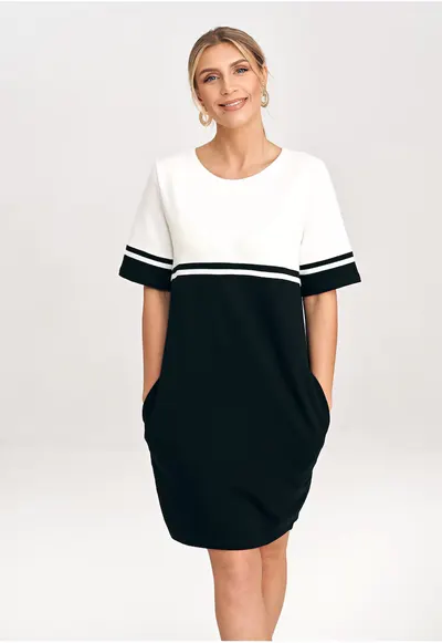 Rochie din bumbac M1028 - doua tonuri - maneci scurte - buzunare - alb/negru