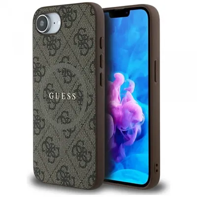 Husa MagSafe pentru Apple iPhone 17e / 16e, Guess, 4G Ring Classic Logo, Maro