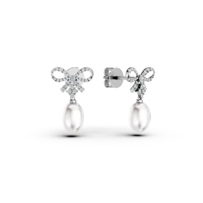 Cercei fundite din aur alb cu perle de cultura si diamante de 0.4ct