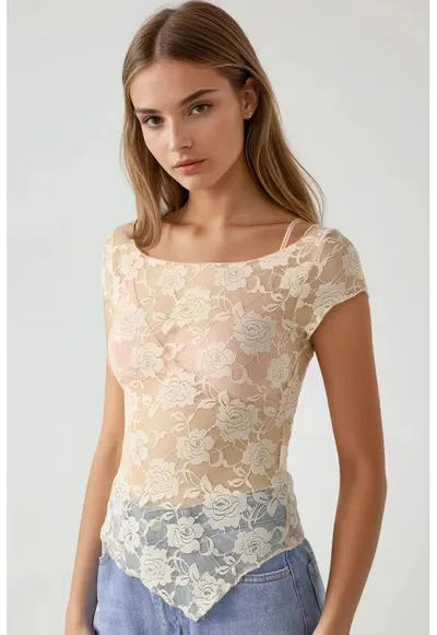 Top scurt dama - dantela florala - slim fit - bej - jerseu