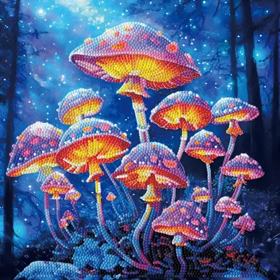 Tablou cu diamante înrămat - Ciuperci la lumina lunii, 30 x 30 cm